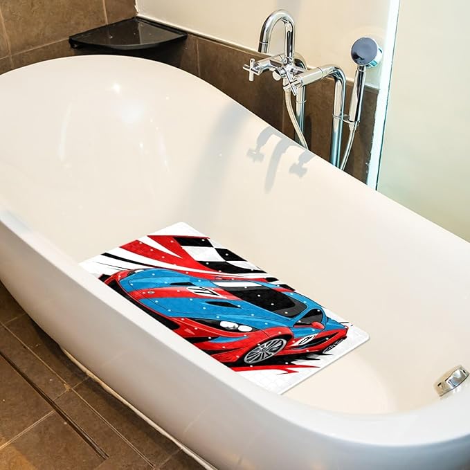 Bath Tub and Shower Mats, Non Slip Bathmat with Drain Holes and Suction Cups for Bathroom Floor, 15.1 x 26.8 Inch (Red and Blue Race Car with Checkered Flag)