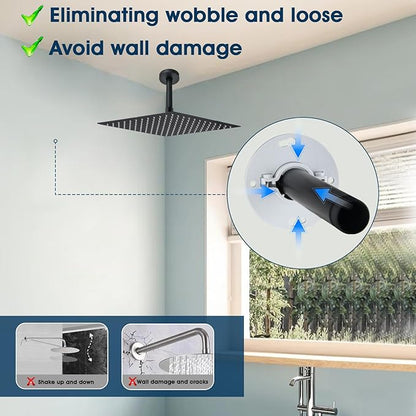 6 Inch Shower Arm with Flange and Stabilizer Bracket, Ceiling Mount Replacement Rain Shower Head 304 Stainless Steel Straight Arm For Fixed Shower Head, Matte Black