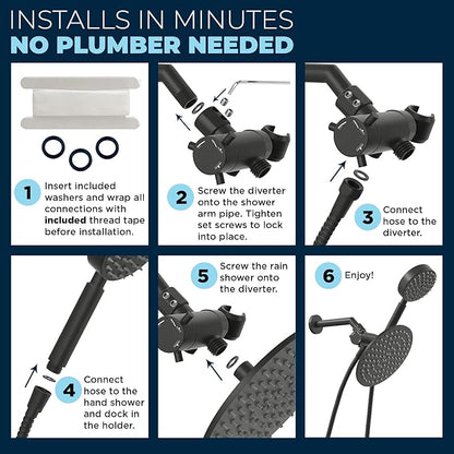 HammerHead Showers® Solid Metal Dual Shower Head Combo – MATTE BLACK – 8 Inch Rainfall High Flow Shower Head & Handheld Shower Head High Pressure with Hose 6ft - Hotel-Like Double Shower Heads