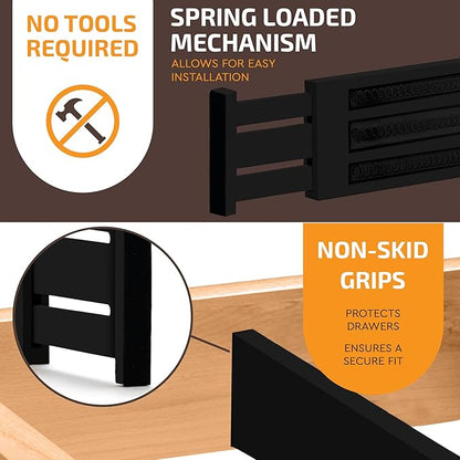6 Pack Drawer Dividers 6 Inch High, 11”-17" Adjustable Bamboo Organizers Large Expandable Drawer Separators for Cloths, Dresser, Bedroom, Bathroom, Baby Drawer, Office & Kitchen Utensils (Black)