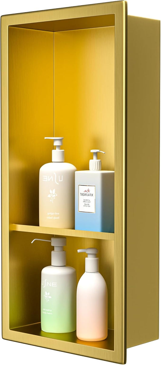 Stainless Steel Shower Niche 18"×8" Gold Double Shelf No Tiled Needed Niche Shower for Bathroom Wall Storage Recessed Bathroom Shelf