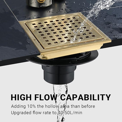 6 Inch Square Shower Floor Drain, Stainless Steel Black Shower Drain Kit with Flange, Floor Drain with Removable Grid Cover,Brushed Gold