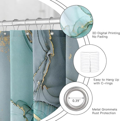 Long Shower Curtain 72 x 78 Inch, Tall Abstract Marble Shower Curtains for Bathroom Decor, Modern Luxury Art Decor Ink Texture Fabric Shower Curtain Set with Hooks, Turquoise