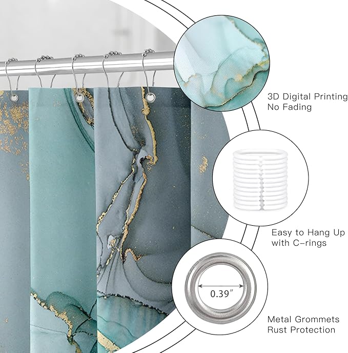 Small Stall Marble Shower Curtain 36 x 72 Inch, Half Narrow Abstract Modern Shower Curtains for Bathroom, Luxury Art Ink Texture Fabric Shower Curtain Set with Hooks, Turquoise