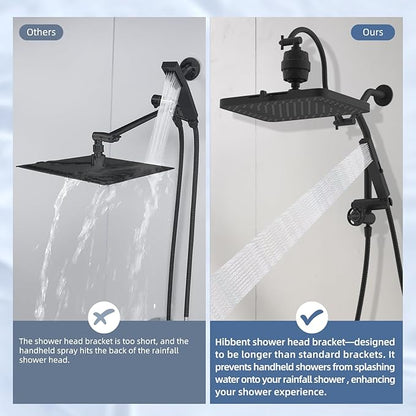 Hibbent 5-spray Filtered Rainfall Shower Head Combo, High Pressure 13'' Showerhead with Stainless Steel 4 Spray Modes Handheld, All Metal 4-way Diverter Arm, Pause Mode, 71'' Hose& Holder, Matte Black