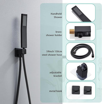 12 Inch Shower Faucet Set, Ceiling Mounted Rainfall Shower System with High Pressure Handheld Shower Head, Bathroom Mixer Shower Set Rough-in Valve and Trim Kit, Matte Black, with Tub Spout