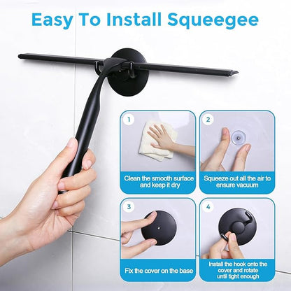Quntis 12 Inch Squeegee for Shower Glass, Black Shower Squeegee with Adhesive Hooks Heavy Duty, Non-Slip Long Handle, Spare Blade, All-Purpose Squeegee Cleaning for Bathroom Doors Car Window
