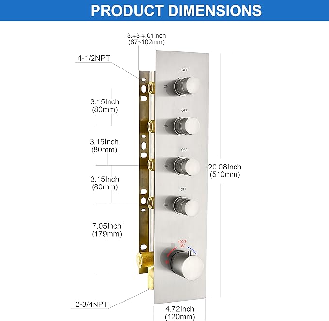 Brass Brushed-Nickel 4-Way Thermostatic Shower Diverter Valve - 4 Function Mixer with Individual On/Off Flow Control for Shower Arm & Kit