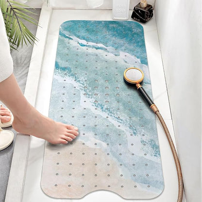 Beach Bathtub Mat Non Slip, Baby Bath Mat for Tub Rubber Tub Mat, Kids Bath Mats for Bathroom Ocean Waves Anti Slip Shower Mat with Suction and Drain Holes Machine Washable, 40″X16″
