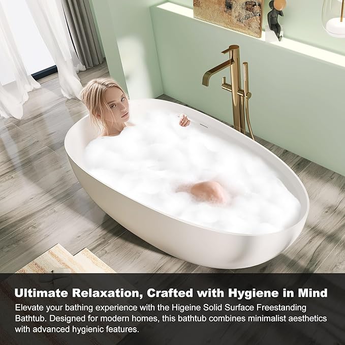 61" Premium Solid Surface Freestanding BathTubs, Upgraded Camel Design Stand Alone Tub with Overflow and Pop-up Drain