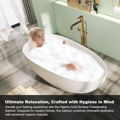 51" Premium Solid Surface Freestanding Bathtubs, Unique Oval Stone Resin Bath Tub with Overflow and Pop-up Drain, Matte White