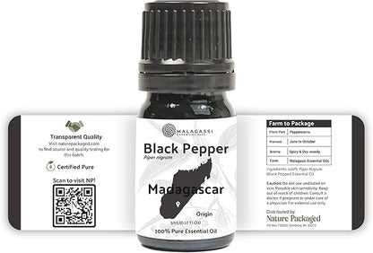 Black Pepper Essential Oil - Direct from Madagascar Farms - Steam Distilled - Aceite Pimienta Negra for Aromatherapy, Massage, Diffuser, DIY Candle and Soap Making - 8oz