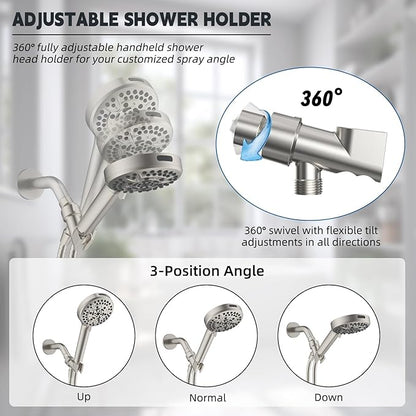 Hibbent Universal All Metal Handheld Shower Head Holder, Adjustable Solid Brass Shower Wand Holder, 2 Size Shower Bracket Holes for Bathroom, Fits All Showerhead Hoses & Shower Arm, Brushed Nickel