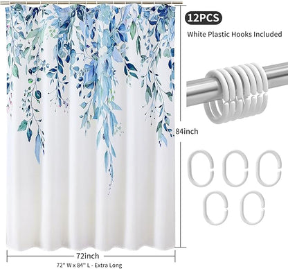 Colorful Star Blue Eucalyptus Waterproof Shower Curtain Set with Hooks, Minimalist Watercolor Floral Print Bathroom Décor, Plant Leaves Washable Fabric Shower Curtain, 72 x 84 Inch