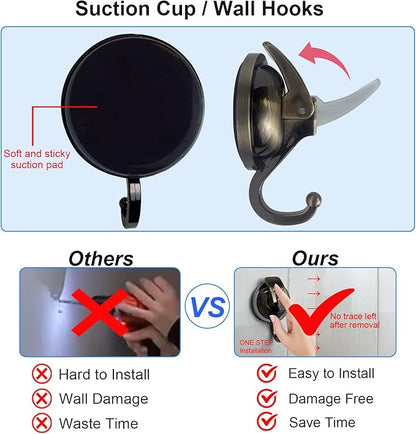 Heavy Duty Suction Cup Hooks for Shower, Bathroom Robe - Vacuum Glass Hooks, Reusable, No Hole Punched, for Garland Decoration (Bronze, 2 Pack)