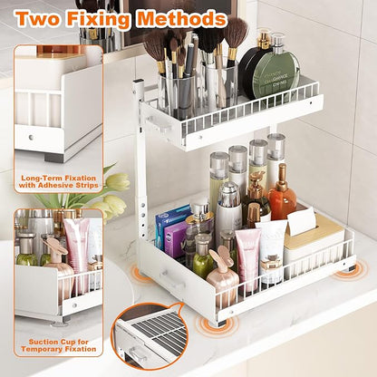Under Sink Organizer,2 Tier Slide Out Kitchen Cabinet Organizers with Pulley,Under Bathroom Sink Pull Out Organizer with Multiple Height Adjustments for Kitchen and Bathroom Cabinets-White