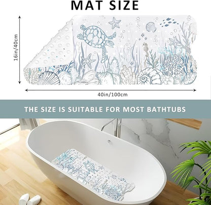 Sea Turtle Bathtub Mat Non Slip, Cute Baby Bath Mat for Tub Rubber Tub Mat, Kids Bath Mats for Bathroom Undersea Anti Slip Shower Mat with Suction and Drain Holes Machine Washable, 40″X16″