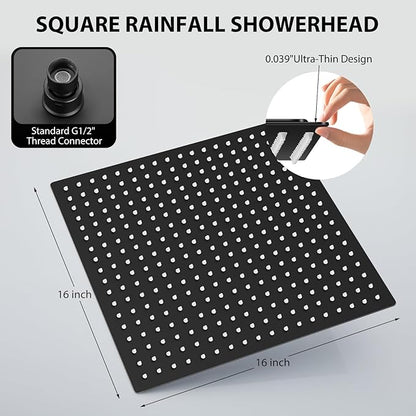 Rain Shower Head, 16 Inches Large Rainfall Shower Head, 304 Stainless Steel Made, Ceiling or Wall Mount, Waterfall Full Body Coverage, Ultra Thin, Matte Black