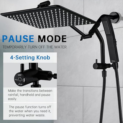 G-Promise All Metal 14 Inches Rain Shower Head with Handheld Built-in Power Wash Mode, 3-way Shower Diverter with Pause Setting, 11 Inches Adjustable Extension Arm, Long Hose (Matte Black, 14 Inches)