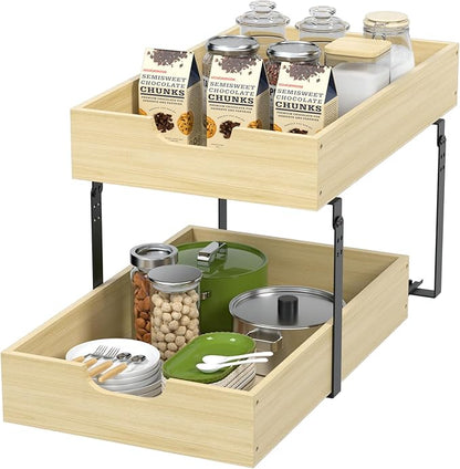 COOLBEBE Pull Out Drawer Organizer for Cabinets, 2 Tier Soft Close Cabinet Drawers Slide Out, 2 Layer Wood Double Tier Pull Out Shelves for Kitchen, Pantry, Bathroom