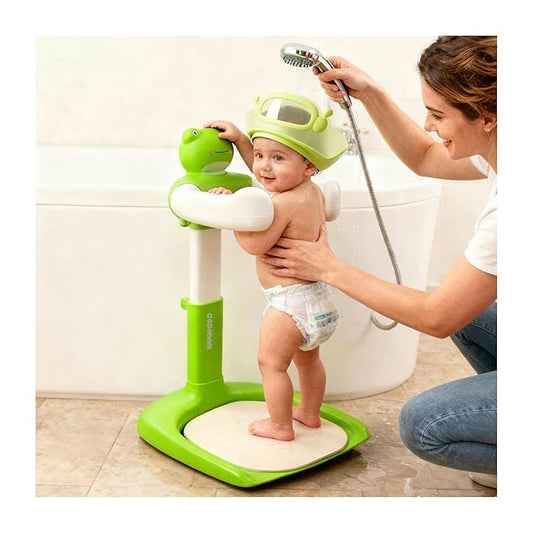Baby Shower Stand Baby Bath Standing Support with Anti-Slip Soft Mat for 6-36 Months Adjustable Stable Easy Setup Press for Sounds Soporte para Bañera De Bebé Newborns Gift Fits Infants - Green Frog