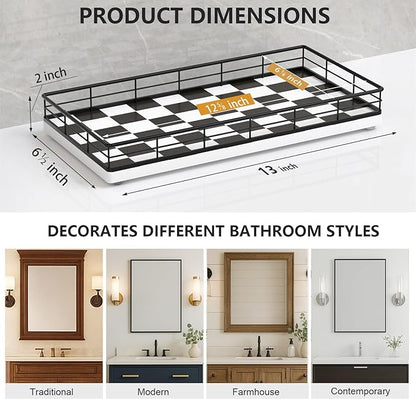Toilet Tank Tray Organizer – Oak Wood Bathroom Counter Basket with Metal Frame, Back of Toilet or Tank Top Paper Holder Storage – Black & White Modern Decor