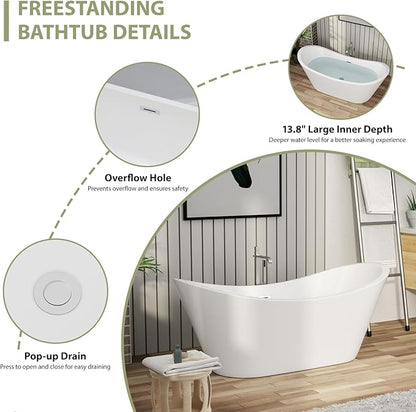 67 Inch Acrylic Freestanding Soaking Bathtub - Mocoloo Contemporary Soaking White Tub Stand Alone Bathtub with Overflow and Drain
