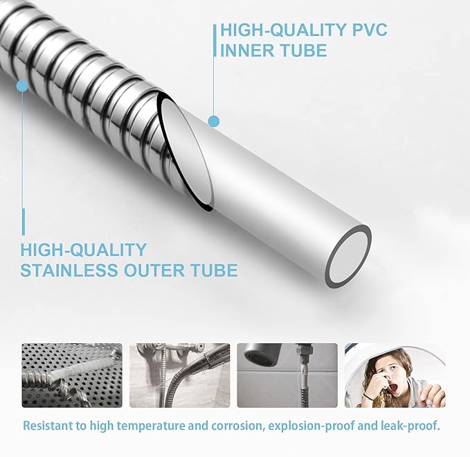 OFFO Shower Hose, 100 in Kink Free Stainless Steel Shower Hose Attachment Electroplating Handheld Shower Head Hose Flex Hoses Extension with Brass Insert & Nut for Pet Bathing Cleaning,Chrome