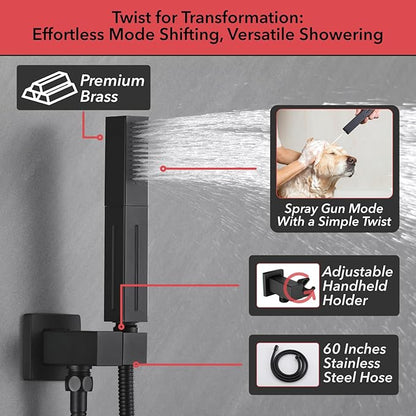 VANFOXLE Shower Faucet Set Matte Black Four Modes Shower System,Shower Faucet with 2 in 1 Handheld,Ceiling Mount 16 Inch LED Shower Head(Rain and Waterfall)+6 Inch Shower Head