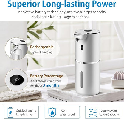 Automatic Liquid Soap Dispenser 12.8oz, Rechargeable & 6 Levels Soap Adjustable with Digital Display, Wall Mount, Waterproof, Touchless Hand/Dish Soap Dispenser for Kitchen, Bathroom, Hotel