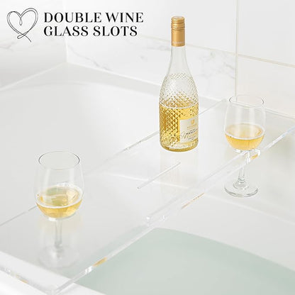 40" Supreme Plus- Luxury Bathtub Tray Caddy- 3/8" Thick, Clear Bath Tub Tray Table for 1 or 2 Bathers, Acrylic Bathtub Caddy, iPad and 2 Wine Glass Holders (Supreme Plus, 40")