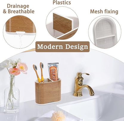 Toothbrush and Toothpaste Holder with Divider for Bathroom Countertop Organizer, 2 Slots Electric Toothbrush Holders Storage Caddy Drainage for Family, Kids(Wood Grain)