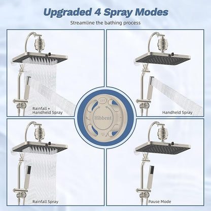 Hibbent 5-spray Filtered Rainfall Shower Head Combo, High Pressure 13'' Showerhead with Stainless Steel 4 Spray Modes Handheld, All Metal 4-way Diverter Arm, 71'' Hose & Holder, Brushed Nickel