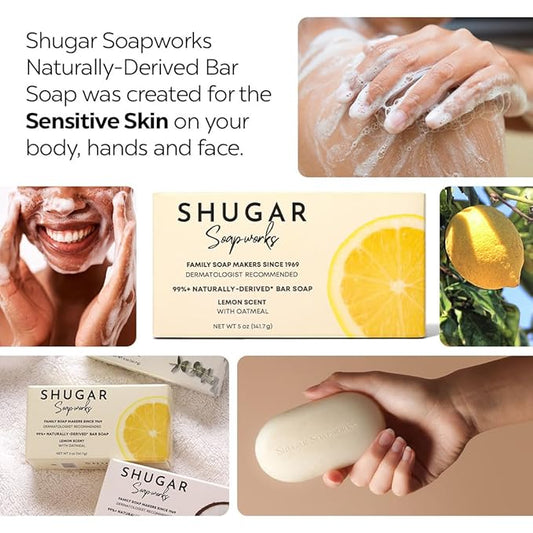 Shugar Soapworks Oatmeal & Lemon Verbena 5 oz Beauty Bar Soap 8-Pack | Plant-Based Vegan Formula | Sulfate & Paraben Free | Gentle Exfoliating Cleanser with Finely Ground Oatmeal Flakes