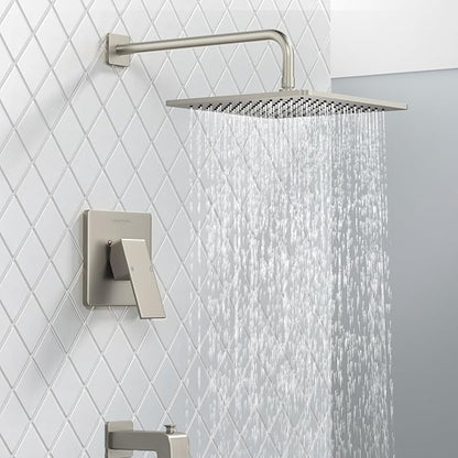 Lava Odoro 12-inch Square Bathtub and Shower Faucet Set Brushed Nickel, Shower Trim Kit with Rough-in Valve High Pressure Gold Rainfall Shower Head and Handle Set, (Valve Included), SF106-BN-T
