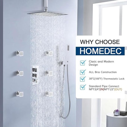 HOMEDEC Brass 3 Way Shower Diverter Valve, Thermostatic 3 Handle Control Shower Mixing Valve Trim Kit Replacement, Rough In, Chrome
