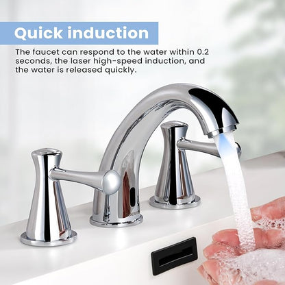 Touchless Bathroom Faucet for 3 Holes 3 Handles, Controlling Temperature & Adjustable Water Flow, Short & Long Induction Modes, Auto Motion Sensor Bathroom Faucet Set (29183 Chromed)