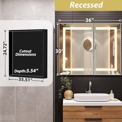 APRILSOUL 36X30 Inch Silver Bathroom Medicine Cabinet with Mirror, Recessed or Surface Lighted Medicine Cabinet with 3 Colors Temperature, Dimmable Light
