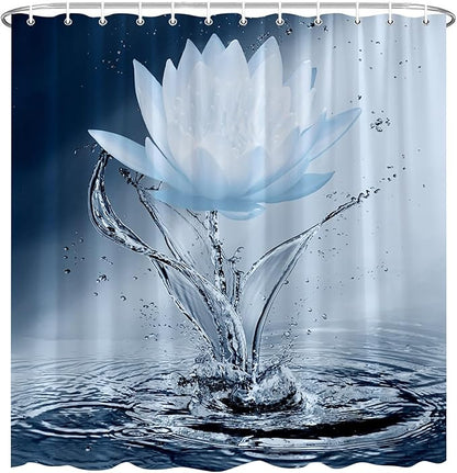 Lotus Shower Curtain Blue Flower Elegant Blooming Floral with Dew Spring Flower Reflection on Water Modern Romantic Polyester Fabric Bathroom Decor 70×90 Inch with Hook