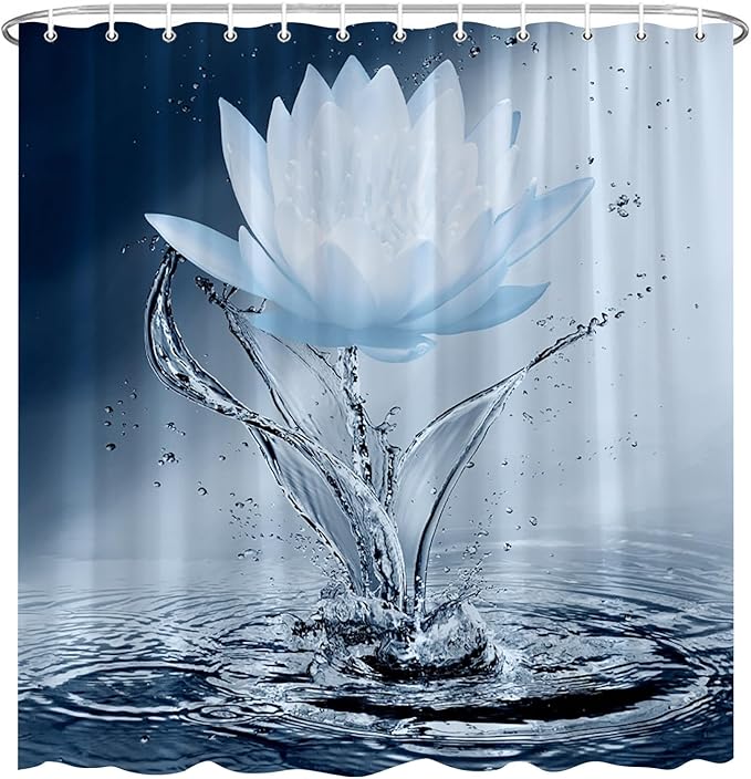 Lotus Shower Curtain Blue Flower Elegant Blooming Floral with Dew Spring Flower Reflection on Water Modern Romantic Polyester Fabric Bathroom Decor 108×70 Inch with Hook