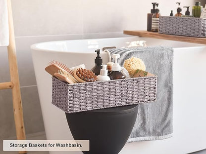 StorageWorks Round Paper Rope Toilet Tank Topper Basket, Wicker Basket for Bathroom, Gray, 2-Pack
