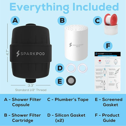 SparkPod 23 Stage Shower Head Filter for Dry Hair and Skin - High Output Universal Shower Filters to Remove Toxic Chemicals, Chlorine & Heavy Metals (Midnight Black Matte)