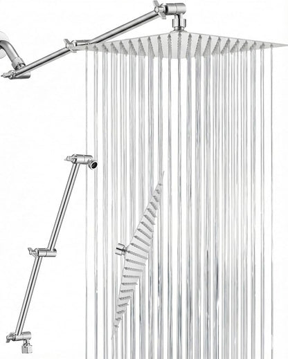 All Metal Rain Shower Head, 10'' High Pressure Rainfall Square Showerhead with 16" Shower Head Extension Arm, Brass Adjustable Shower Arm Extender, Waterfall fixed Showerheads, Chrome