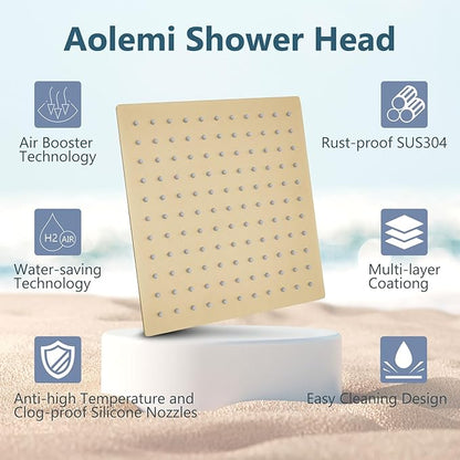 Aolemi Shower Faucet Set, High Pressure Shower System with 2-in-1 Handheld Sprayer, Wall Mount Fixture Combo with Rough-in Valve, 16 Inch Shower Head, Brushed Gold