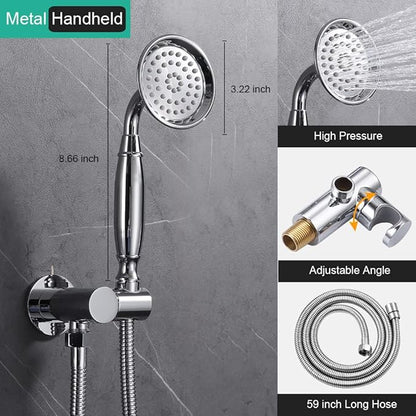 Dual Antique Shower Head System with Tub Spout: 9" Ceiling Mounted Rain & 6" Wall Mount Rainfall, Handheld Spray Vintage Faucet Set, 4 Way Diverter Brass Valve with Trim Kit, Chrome