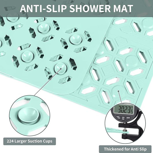 OTHWAY Square Shower Mat, 27"x 27" Extra Large Shower Mats for Inside Shower, TPE Anti Slip Shower mat with Suction Cups Drain Holes, Machine Washable Shower Floor Mat (Light Green)