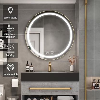 26inch Round Medicine Cabinet with Lights,Led Medicine Cabinet with Defogger,Illuminated Mirror Cabinet for Bathroom,Dimmable,Anti-Fog,3000k-6500K Color Temperature