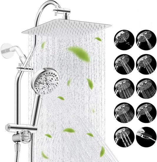 Hibbent cUPC Certified All Metal 10" Rainfall Showerhead Combo, High Pressure Shower Head with 10-Spray Mode Handheld, Innovative 4-way Diverter with Pause Mode, 71'' Shower Hose and Holder, Chrome