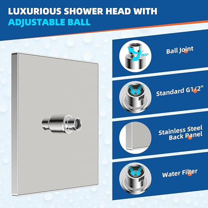 Hibbent Thickness Metal Rain Shower Head, 10 Inch High Pressure Rainfall Shower Head, Square Large Bathroom Waterfall Shower Heads, High Flow Fixed Showerheads with Adjustable Brass Ball Joint, Chrome