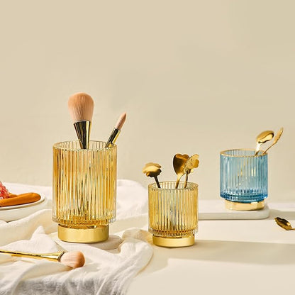 Makeup Brush Holder Organizer,Toothbrush Holders,Desk Pen Pencil Holder,Multifunctional Vintage Glass Brush Cup（L/Gold/A3-7-US）